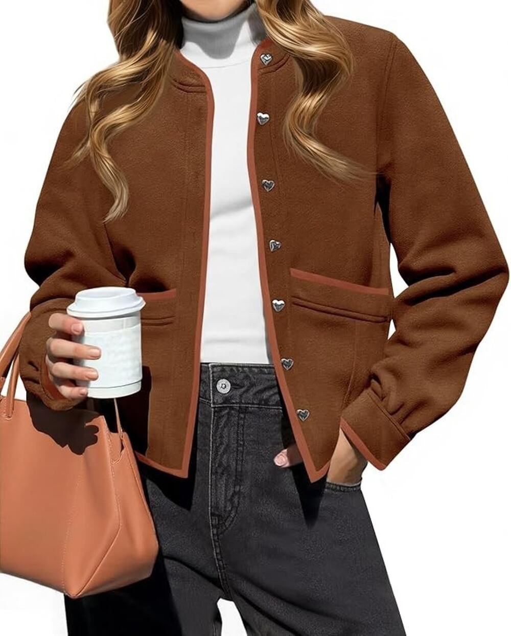 Cicy Bell Womens Button Down Bomber Jackets Puff Sleeve Cropped Pea Coat